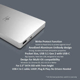 Vantec 2.5" SATA SSD to USB 3.1 Gen 2 Type C Enclosure with Type C to C Cable (NST-204C3-SV), Pocket Size, Silver