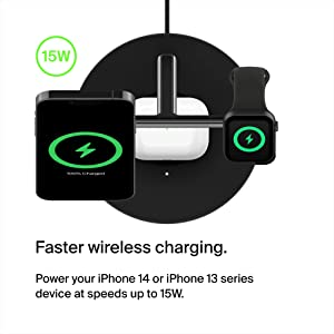 Belkin MagSafe 3-in-1 Wireless Charging Stand - 2ND GEN w/ 33% Faster Wireless Charging for Apple Watch - iPhone 14, 13 &amp; 12 series &amp; AirPods - MagSafe Charging Station For Multiple Devices - Black