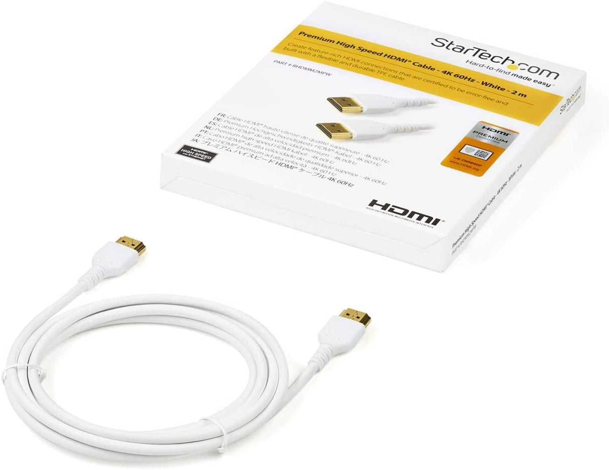StarTech.com 6ft (2m) Premium Certified HDMI 2.0 Cable with Ethernet - Durable High Speed UHD 4K 60Hz HDR - Rugged M/M HDMI Cord with Aramid Fiber - TPE - Ultra HD Monitors, TVs &amp; Displays (RHDMM2MPW) White 6 ft/2m