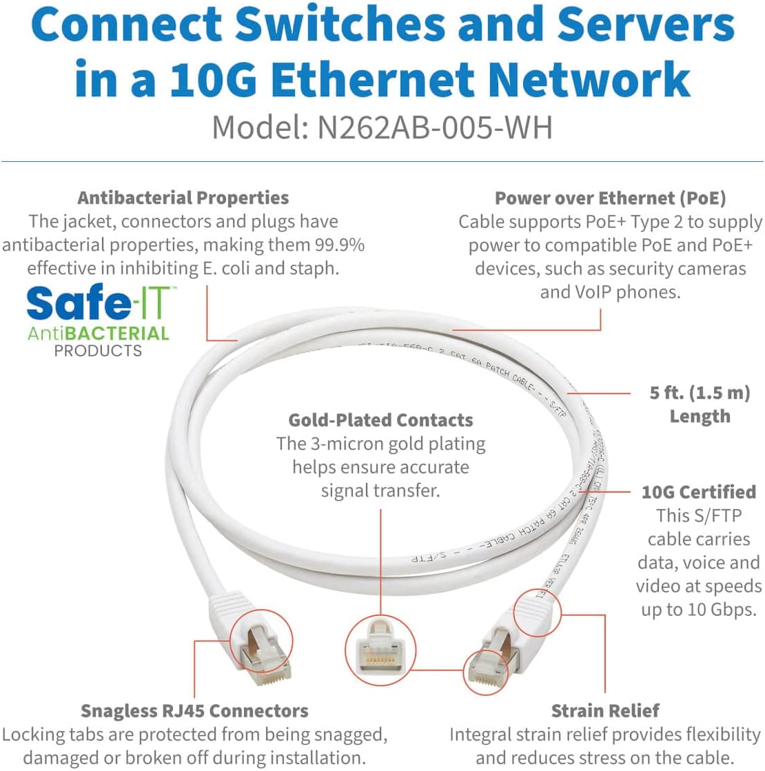 Tripp Lite, Safe-IT, Cat6a, 10G Certified, Snagless, Antibacterial, S/FTP Ethernet Cable, (RJ45 M/M), PoE, White, 5 ft. (N262AB-005-WH)