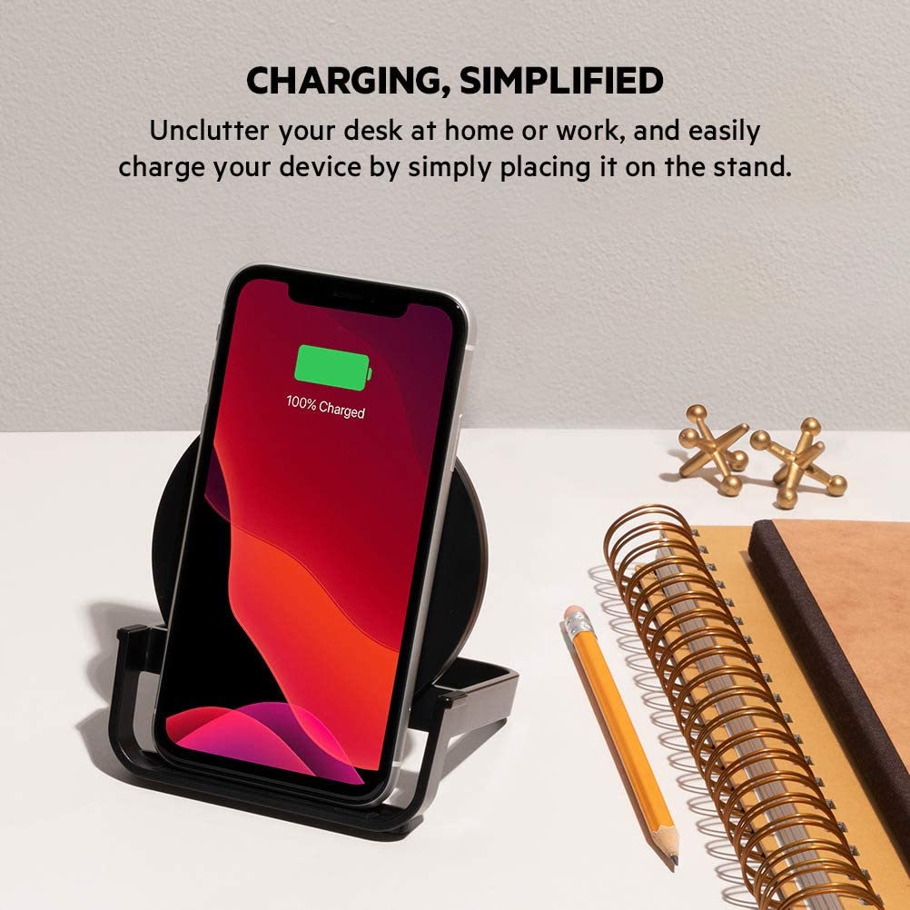Belkin BoostCharge 10W Fast Wireless Charging Stand, Includes QuickCharge 3.0 Wall Charger and Cable, Case Compatible for iPhones, Galaxy, Pixel and Other Qi Enabled Devices (includes AC adapter)