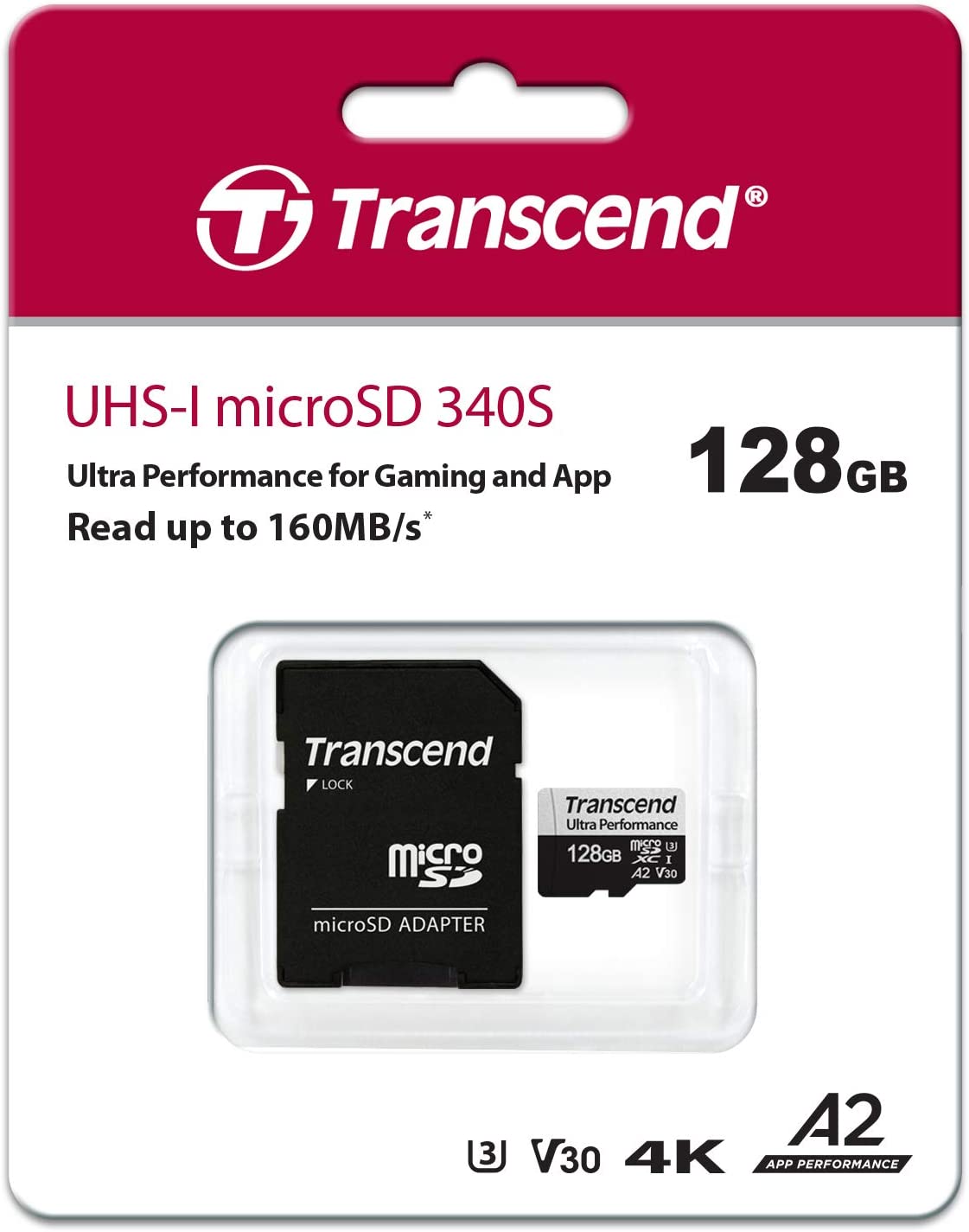 Transcend 128GB microSDXC 340S High Performance Memory Card UHS- I, U3, V30, A2, 4K, Full HD - TS128GUSD340S