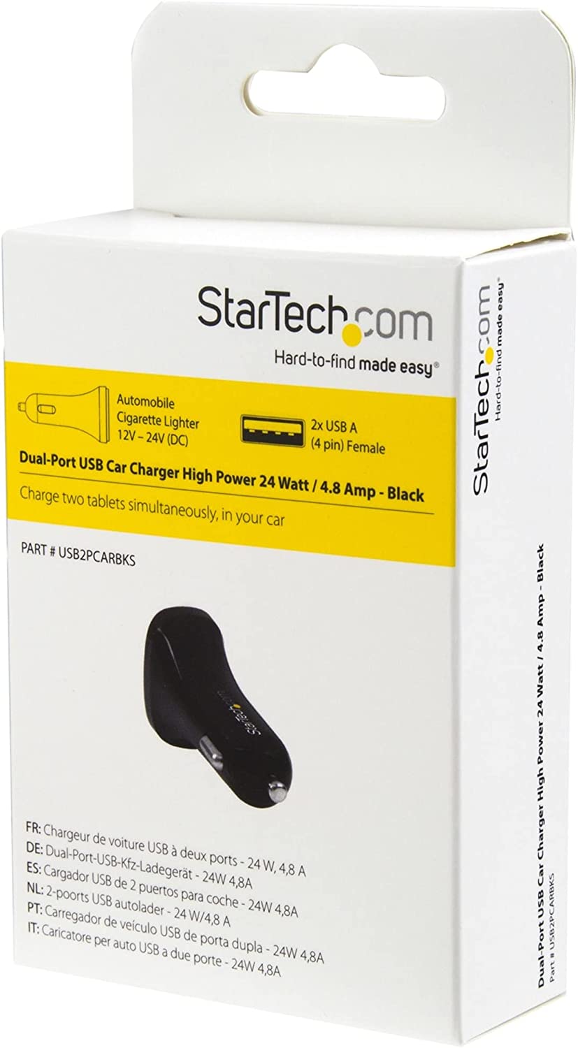 StarTech.com Dual Port USB Car Charger - High Power 24W/4.8A - Black - 2-Port USB Car Charger - Charge Two Tablets at Once (USB2PCARBKS)