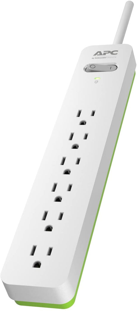 Surge Protector Power Strip, APC PE66W, 1080 Joule, Flat Plug, 6 Outlet Power Cord Strip White/Green White/Green 6 Outlet Outlet Only Power Strip