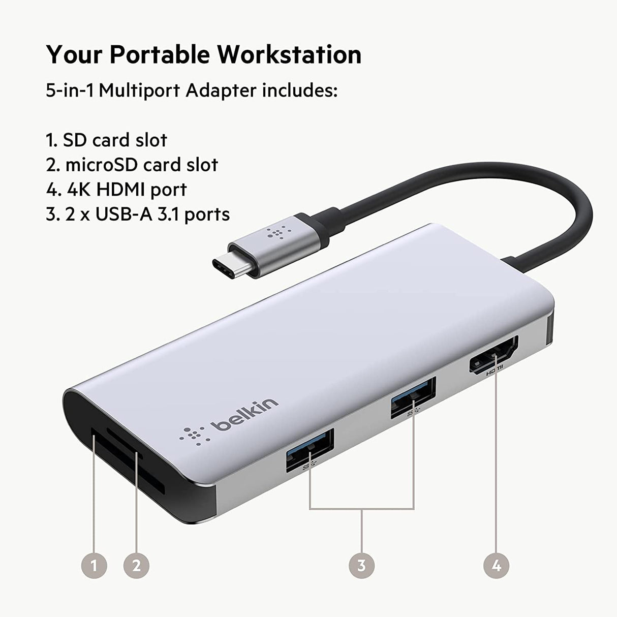  Belkin USB C Hub, 6-in-1 MultiPort Adapter Dock with 4K HDMI,  USB-C 100W PD Pass-Through Charging, 2 x USB A, Gigabit Ethernet Ports and  SD Slot for MacBook Pro, Air, iPad