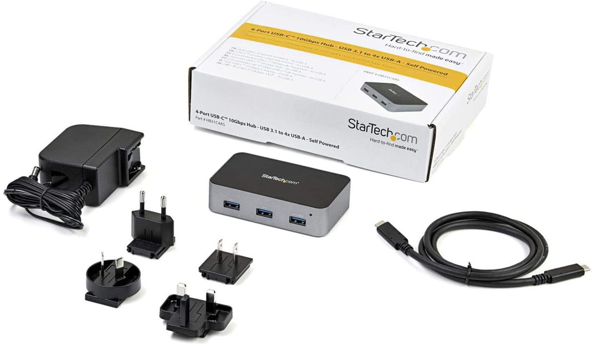 StarTech.com 4 Port USB C Hub with Power Adapter - USB 3.1/3.2 Gen 2 (10Gbps) - USB Type C to 4X USB-A - Self Powered Desktop USB Hub with Fast Charging Port (BC 1.2) - Desk Mountable (HB31C4AS) 4 Port | 4x USB-A