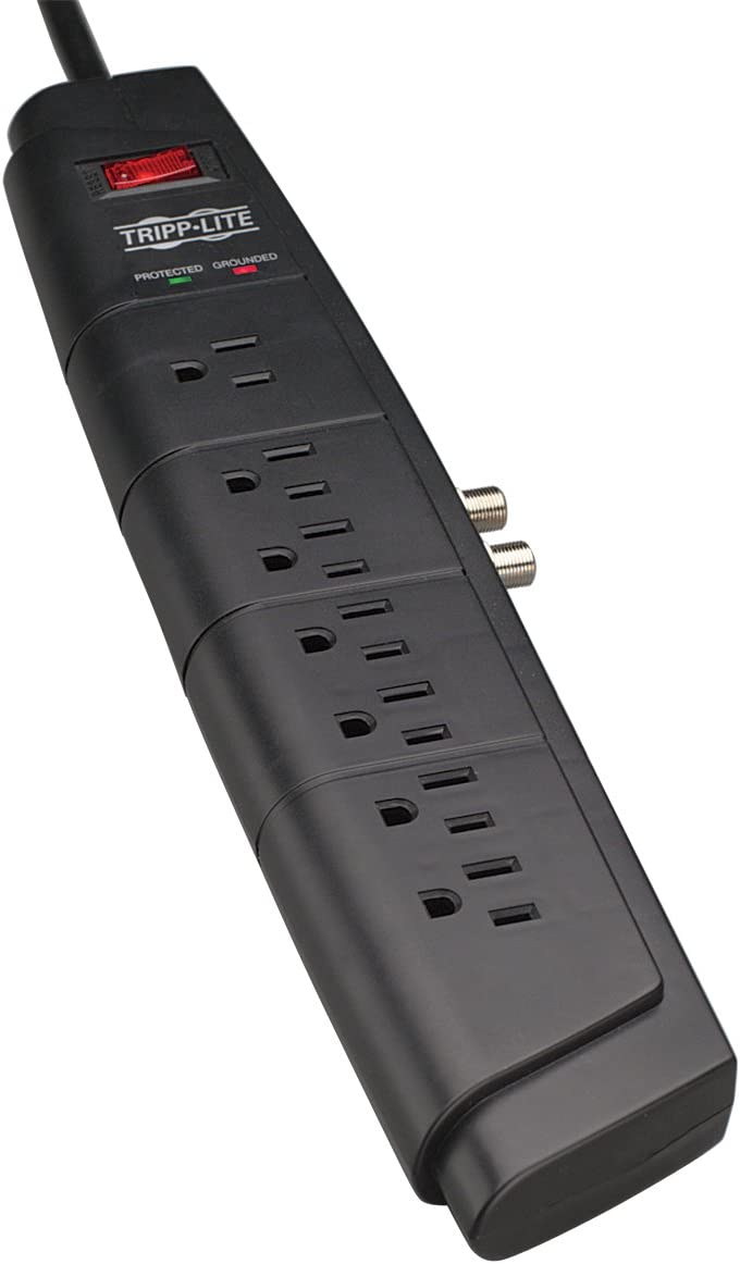 Tripp Lite 7 Outlet Surge Protector Power Strip, 6ft. Cord, Right Angle Plug, Coaxial Protection, 50K Insurance &amp; Lifetime Manufacturer's Warranty (HT706TV)