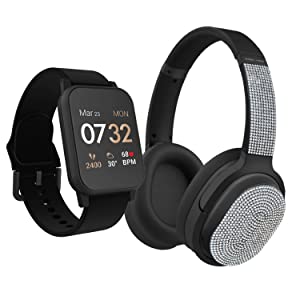 Itouch Kendall &amp; Kylie Smart Watch Fitness Tracker, Heart Rate, Step Counter, Notifications, Touch Screen with Bluetooth Headphone Set for Women and Men (Black/Black)