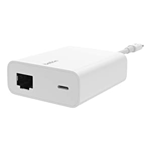 Belkin Ethernet &amp; Power Adapter W/ Lightning Connector - Dual Port Ethernet Splitter for Apple iPad Pro, iPad Mini, iPad Air &amp; iPhone Charger - 480 Mbps Ethernet speeds &amp; 12W Power Delivery