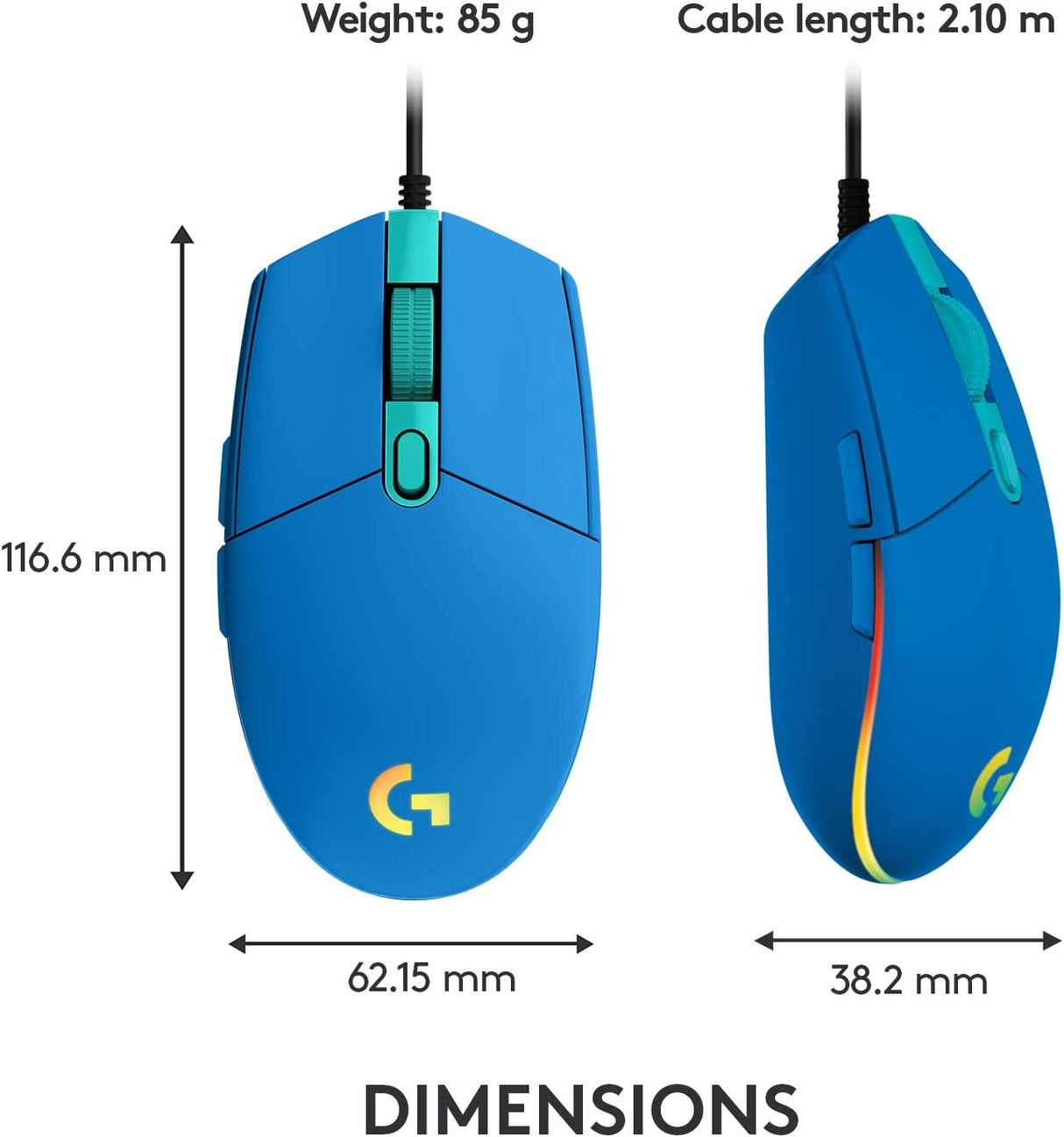 Logitech G203 Wired Gaming Mouse, 8,000 DPI, Rainbow Optical Effect LIGHTSYNC RGB, 6 Programmable Buttons, On-Board Memory, Screen Mapping, PC/Mac Computer and Laptop Compatible - Blue Mouse Only Blue