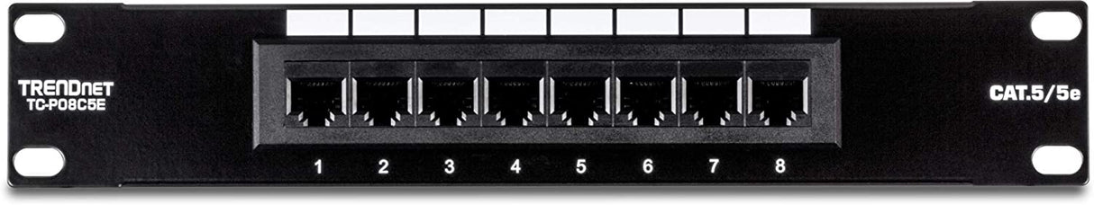 TRENDnet 8 Port Cat5/5e Unshielded Patch Panel,TC-P08C5E, Wallmount or Rackmount, 10 Inch Wide, 8 x Gigabit RJ-45 Ethernet Ports, 100 Mhz Connection, Color Coded Labeling,110 IDC Terminal Blocks,black