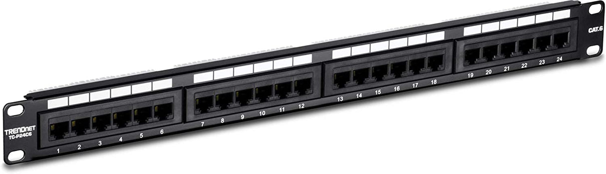 TRENDnet 24-Port Cat6 Unshielded Patch Panel, Wallmount or Rackmount, Compatible with Cat3,4,5,5e,6 Cabling, For Ethernet, Fast Ethernet, Gigabit Applications, Black, TC-P24C6