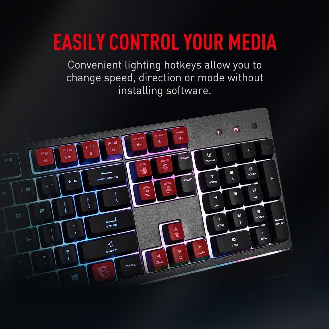 MSI Vigor GK30 RGB Gaming Keyboard, 6-Zone RGB Lighting, Water Repellent &amp; Splash-Proof, Mechanical-Like Plunger Switches
