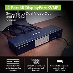 IOGEAR 4-Port 4K DisplayPort Kvmp Switch with Dual Video Out and RS-232, w/Full Set of Cables (GCS1934M TAA Compliant) 4-port 2 monitor