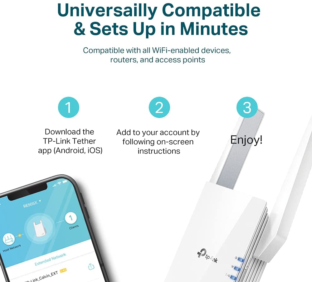 TP-Link AX1500 WiFi Extender Internet Booster, WiFi 6 Range Extender Covers up to 1500 sq.ft and 25 Devices,Dual Band up to 1.5Gbps Speed, AP Mode w/Gigabit Port, APP Setup, OneMesh Compatible(RE505X) AX1500 WiFi 6 Extender