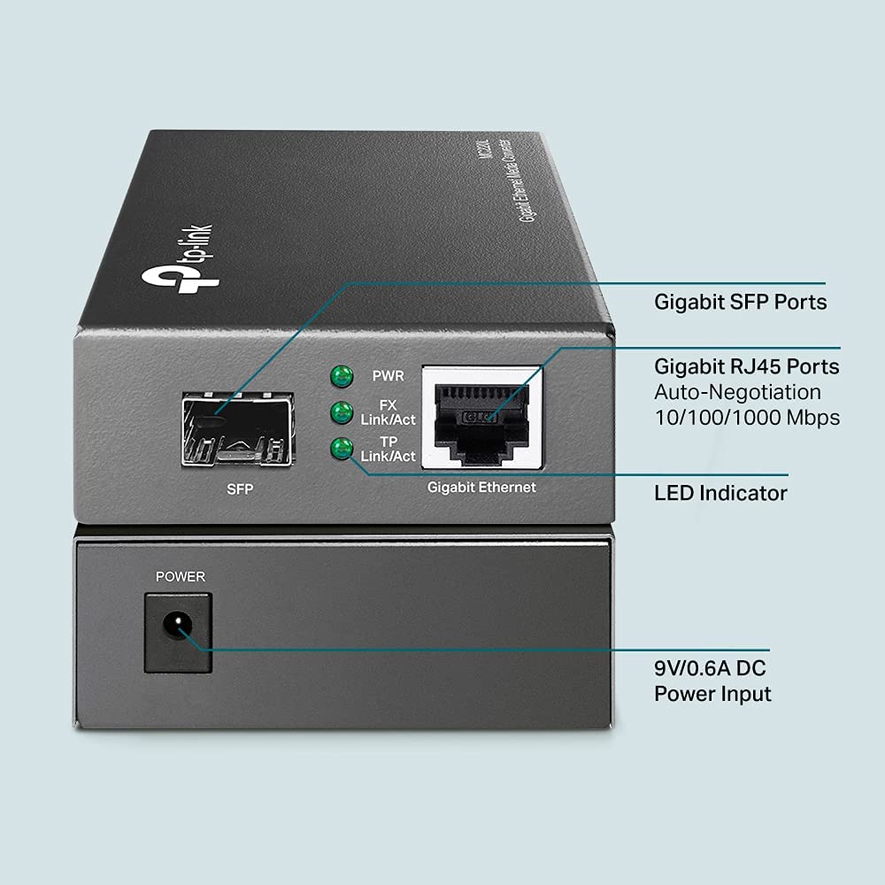 TP-Link Gigabit SFP to RJ45 Fiber Media Converter | Fiber to Ethernet Converter | 10/100/1000Mbps RJ45 Port to 1000Base-SX/LX SFP Slot Supporting MiniGBIC Modules (MC220L)