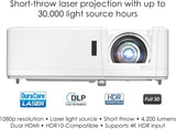 Optoma GT1090HDRx Short Throw Laser Home Theater Projector | 4K HDR Input | Reliable Lamp-Free Operation 30,000 Hours | Bright 4,200 Lumens for Day and Night Viewing