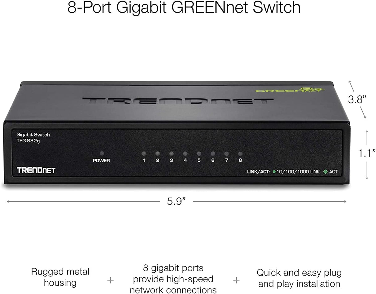 TRENDnet 8-Port Gigabit GREENnet Switch, Ethernet Network Switch, 8 x 10-100-1000 Mbps Gigabit Ethernet Ports, 16 Gbps Switching Capacity, Metal, Lifetime Protection, Black, TEG-S82G 8-Port Unmanaged