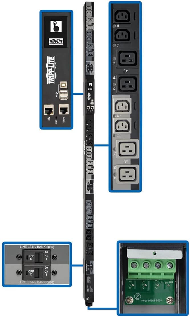 Tripp Lite PDU3XEVSRHWA 24-Outlets PDU - Switched - Hardwired - 12 X IEC 60320 C13, 12 X IEC 60320 C19-380 V AC, 400 V AC, 415 V AC - Network (RJ-45) - 0U - Vertical - Rack Mount - Rack-Mountable
