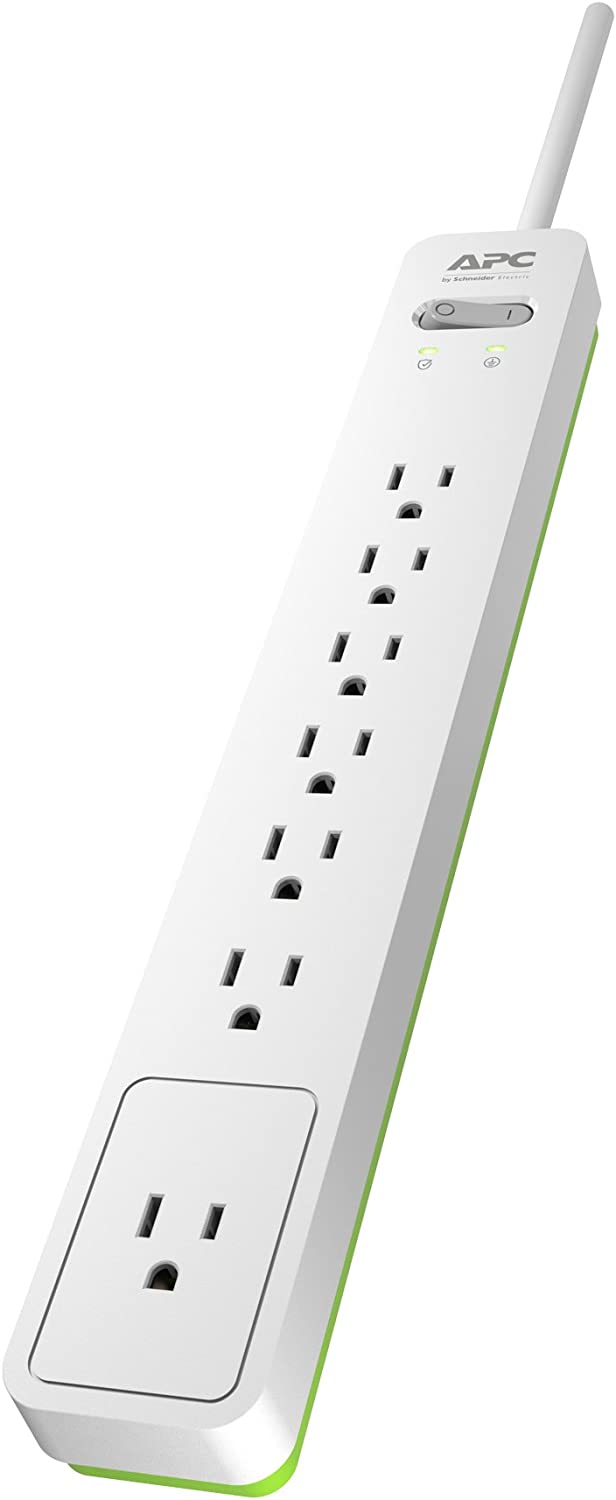 Power Strip Surge Protector, APC PE76W, 1440 Joule, Flat Plug, 7 Outlet Strip White/Green