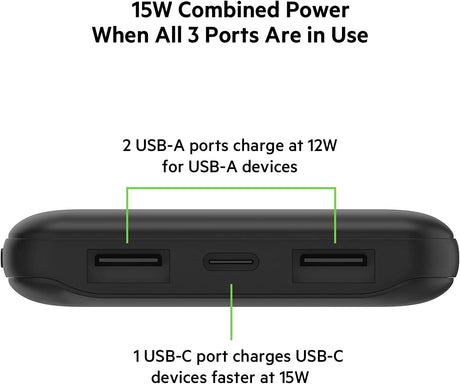 Belkin USB C Portable Charger Power Bank, 10000 mAh with 1 USB C Port and 2 USB A Ports for up to 15W Charging for iPhone 13 Pro/13 Pro Max/13 Mini, AirPods, iPad, Galaxy S21/Ultra - Black