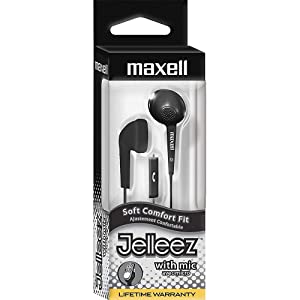 Maxell 191569 Soft Rubber Body Comfort Fit Jelleez Soft Ear Buds Black With Built In Microphone