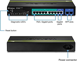 TRENDnet 10-Port Gigabit Web Smart PoE+ Switch, 8 x PoE+ Gigabit Ports, 2 x Gigabit Ethernet Ports, 2 x Shared SFP Slots, 75W Total Power Budget, Rack Mountable, Lifetime Protection, Black, TPE-1020WS 8 Port PoE+| 2 x SFP Web-Smart