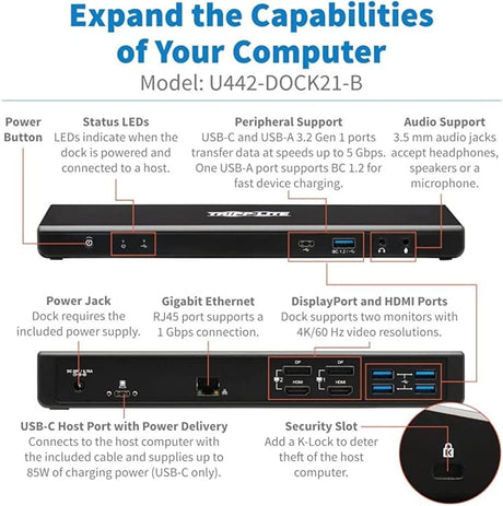 Tripp Lite USB-C Docking Station, 14 Port USB C Dock for Dual Display, 5K 60 Hz DisplayPort DP, 4K 60 Hz HDMI, USB 3.2 Gen 1, USB A &amp; USB C Hub, GbE, 85W PD Charging, Black (U442-DOCK21-B)