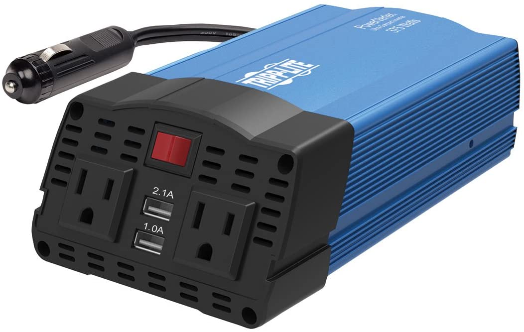 Tripp Lite 375W Compact Portable Car Power Inverter 2 Outlet 12V DC to 120V AC w/ 2-Port USB Charging Ports (PV375USB) BLACK/BLUE 375W + USB