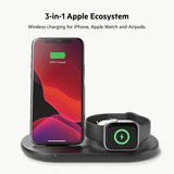 Belkin 3-in-1 Wireless Charger - Fast Wireless Charging Stand for Apple iPhone, Apple Watch &amp; AirPods - iPhone Case Compatible Qi Charger - Wireless Charging Station For Multiple Devices - Black Black Charger