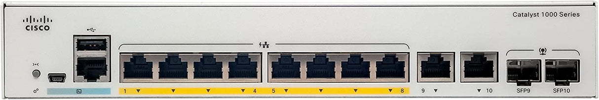 Cisco Catalyst 1000-8FP-2G-L Network Switch, 8 Gigabit Ethernet (GbE) PoE+ Ports, 120W PoE Budget, 2 1G SFP/RJ-45 Combo Ports, Fanless Operation, Enhanced Limited (C1000-8FP-2G-L)