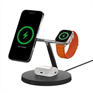 Belkin MagSafe 3-in-1 Wireless Charging Stand - 2ND GEN w/ 33% Faster Wireless Charging for Apple Watch - iPhone 14, 13 &amp; 12 series &amp; AirPods - MagSafe Charging Station For Multiple Devices - Black