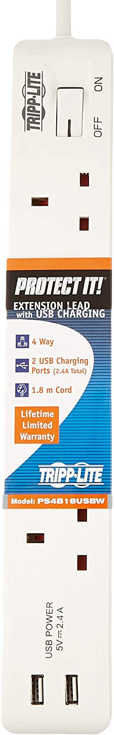 Tripp Lite Protect It! PS4B18USBW 4-Outlets Power Strip - British - 4 x BS 1363/A - 5.91 ft Cord - 13 A Current - 230 V AC Voltage - Desk Mountable, Wall Mountable - White