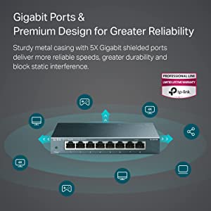 TP-Link TL-SG108 | 8 Port Gigabit Unmanaged Ethernet Network Switch, Ethernet Splitter | Plug &amp; Play | Fanless Metal Design | Shielded Ports | Traffic Optimization | Limited Lifetime Protection