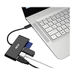 Tripp Lite USB C Hub Multiport Adapter Converter w/ 3x USB-A, Micro SD, SD/MMC Memory Card Reader Thunderbolt 3, Black (U460-003-3AMB) 3x USB-A, Ethernet, Card Reader