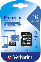 Verbatim 16GB Premium microSDHC Memory Card with Adapter, UHS-I V10 U1 Class 10, Black (44082)