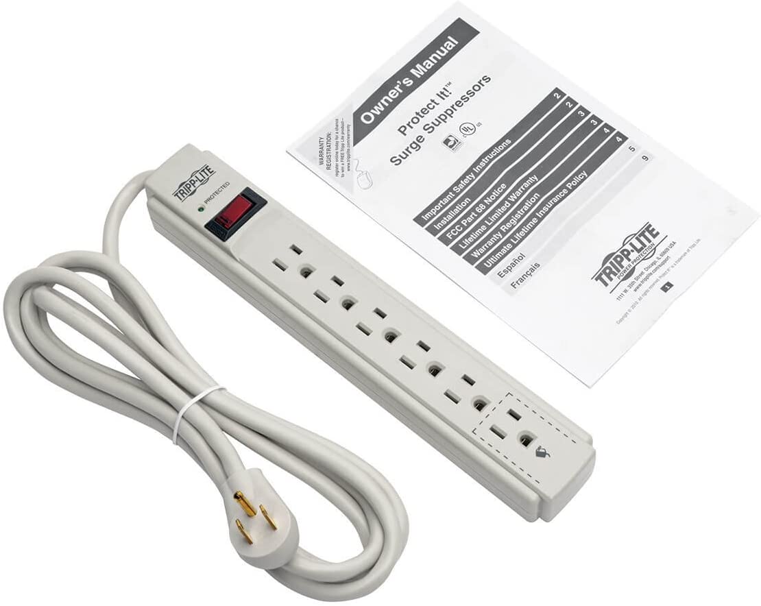 Tripp Lite Surge Protector Power Strip 120V 6 Outlet 8' Cord 990 Joule Flat Plug Gray