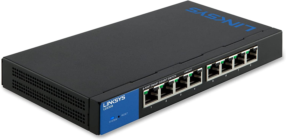 Linksys LGS308: 8-Port Business Gigabit Ethernet Smart Switch, Computer Network, Enhanced Security, Enhanced QoS (Black, Blue)