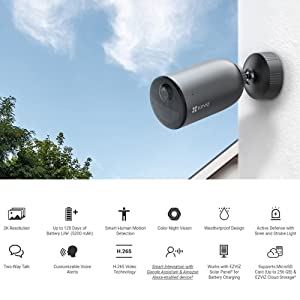 EZVIZ CS-EB3 2K Battery-Powered Outdoor WiFi Camera, Two-Way Audio, Color Night Vision, Active Defense with Siren and Strobe Light