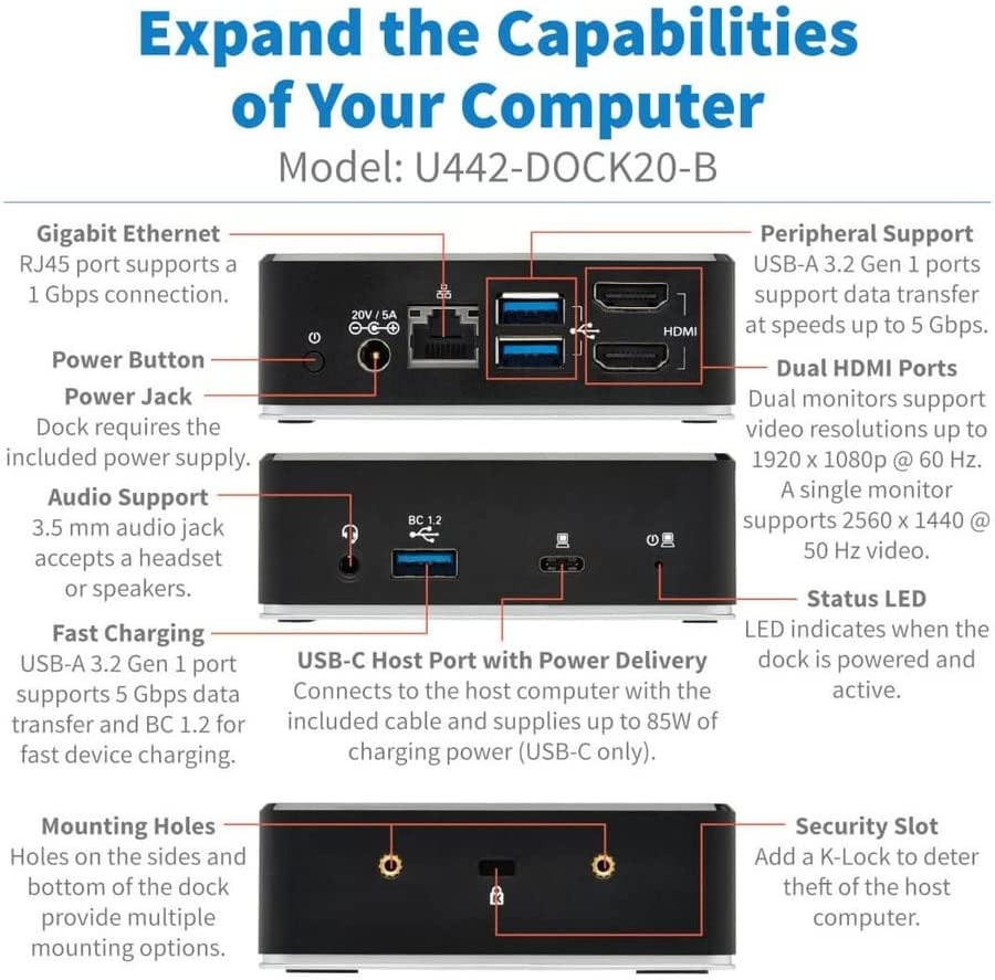 Tripp Lite USB-C Docking Station, USB C Dock for Dual Display, Dual HDMI, USB 3.2 Gen 1, USB-A Hub, Gbe, 3.5 mm 85W PD Charging, Black (U442-DOCK20-B)