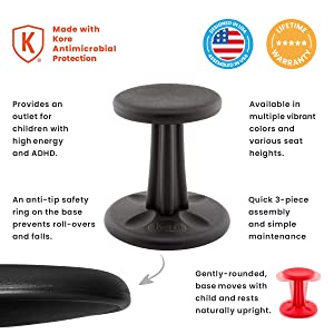 Kore design Kore Kids Wobble Chair - Flexible Seating Stool for Classroom &amp; Elementary School, ADD/ADHD - Made in The USA - Age 6-7, Grade 1-2, Black (14in) Black Kids (14in Tall)