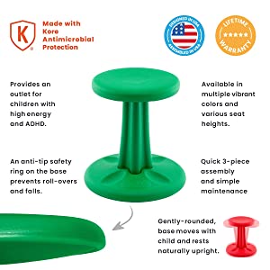 Kore design Kore Kids Wobble Chair - Flexible Seating Stool for Classroom &amp; Elementary School, ADD/ADHD - Made in The USA - Age 6-7, Grade 1-2, Green (14in) Green Kids (14in Tall)