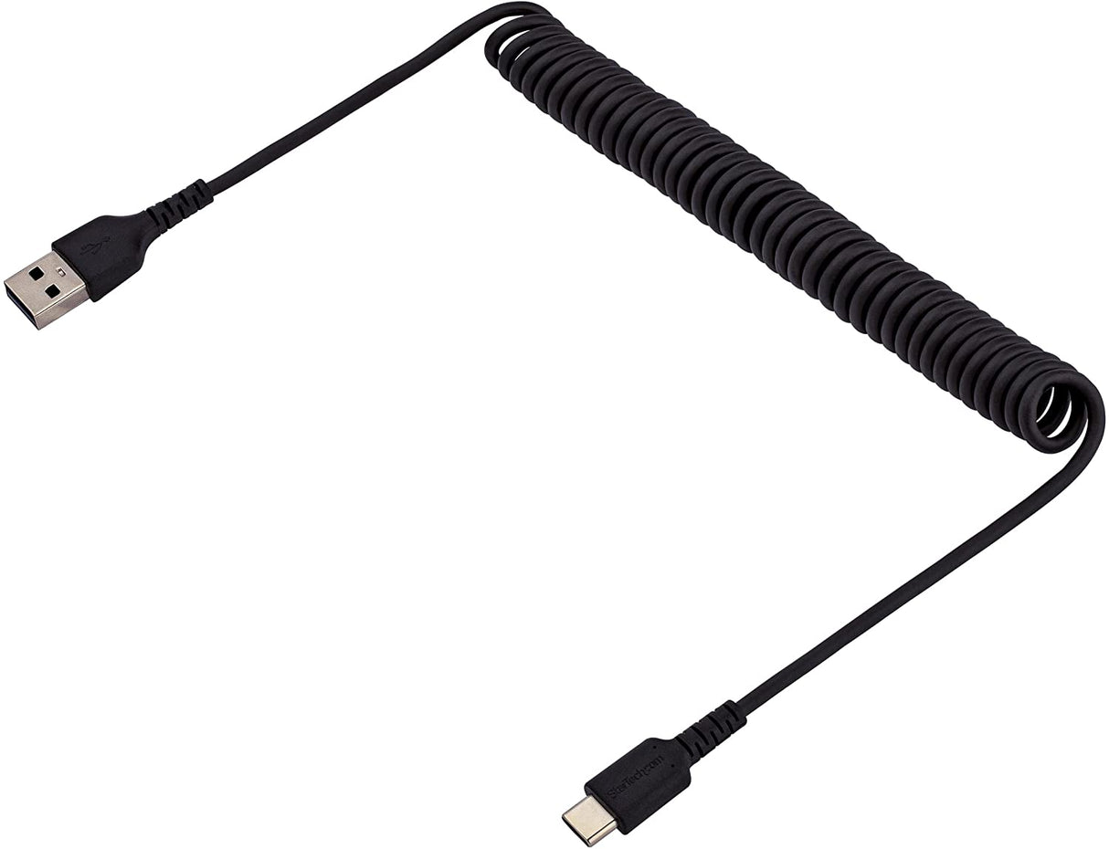 StarTech.com 3ft (1m) USB A to C Charging Cable, Coiled Heavy Duty Fast Charge &amp; Sync USB-C Cable, USB 2.0 A to Type-C Cable, Rugged Aramid Fiber, Durable Male to Male USB, Black (R2ACC-1M-USB-CABLE)