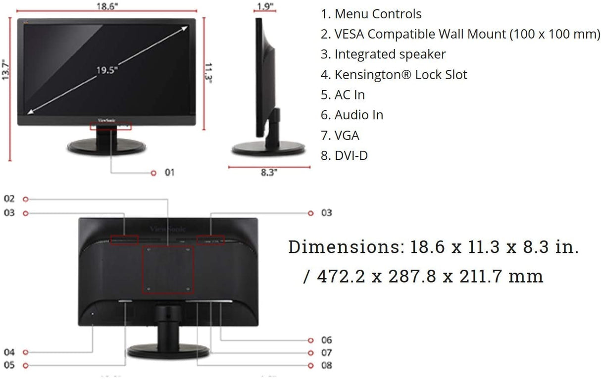 ViewSonic VA2055SM 20 Inch 1080p LED Monitor with VGA Input and Enhanced Viewing Comfort,Black Extra Ports and Built-in Speakers