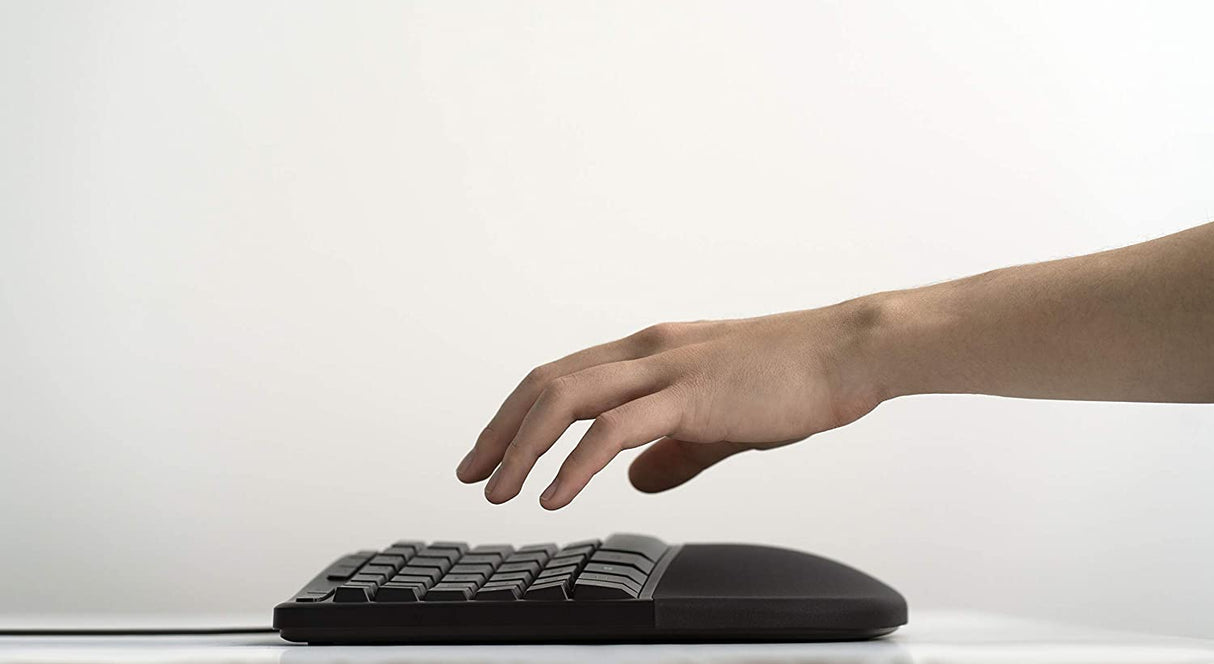 Microsoft Ergonomic Keyboard - Black. Wired, Comfortable, Ergonomic Keyboard with Cushioned Wrist and Palm Support. Split Keyboard. Dedicated Office Key.