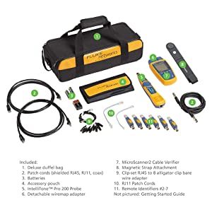 Fluke Networks MS2-KIT MicroScanner2 Copper Cable Verifier Kit, Troubleshoots RJ11, RJ45, Coax, Tests 10/100/1000Base-T, and Voip, Includes IntelliTone Pro 200 &amp; Remote ID Kit MS2-KIT: MS2, Probe, Remote IDs Cables