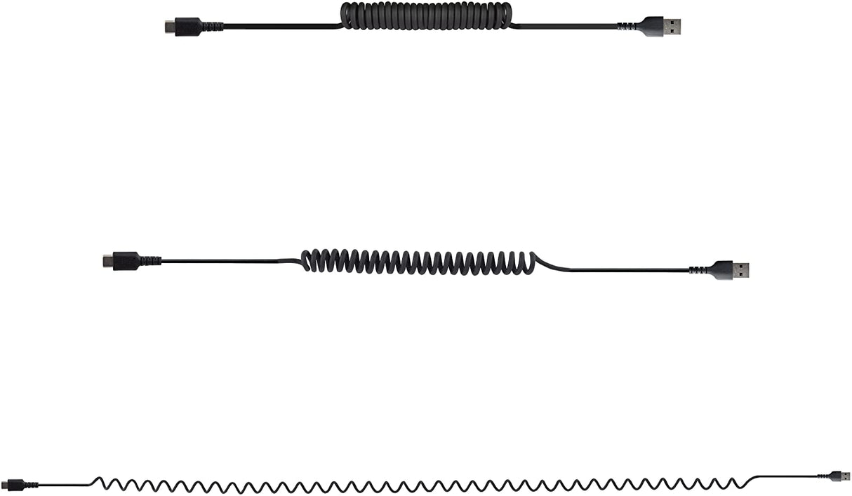 StarTech.com 3ft (1m) USB A to C Charging Cable, Coiled Heavy Duty Fast Charge &amp; Sync USB-C Cable, USB 2.0 A to Type-C Cable, Rugged Aramid Fiber, Durable Male to Male USB, Black (R2ACC-1M-USB-CABLE)