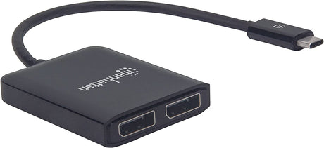 Manhattan USB-C to Dual DisplayPort 1.2 Adapter Cable, 4K@30Hz, 19.5cm, Male to Females, USB-C to 2X DisplayPorts, MST Hub, Mirror, Black, Three Year Warranty, Blister Black 19.5cm USB-C to Dual DisplayPort Adapter Cable