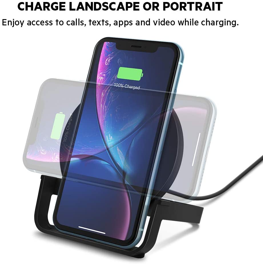 Belkin BoostCharge 10W Fast Wireless Charging Stand, Includes QuickCharge 3.0 Wall Charger and Cable, Case Compatible for iPhones, Galaxy, Pixel and Other Qi Enabled Devices (includes AC adapter)