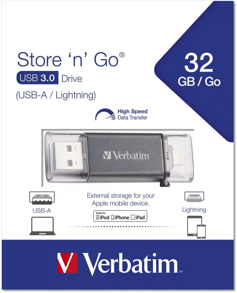 Verbatim 32GB Store ‘n’ Go Dual USB 3.0 Flash Drive for Apple Lightning Devices - Graphite 1 Count (Pack of 1)